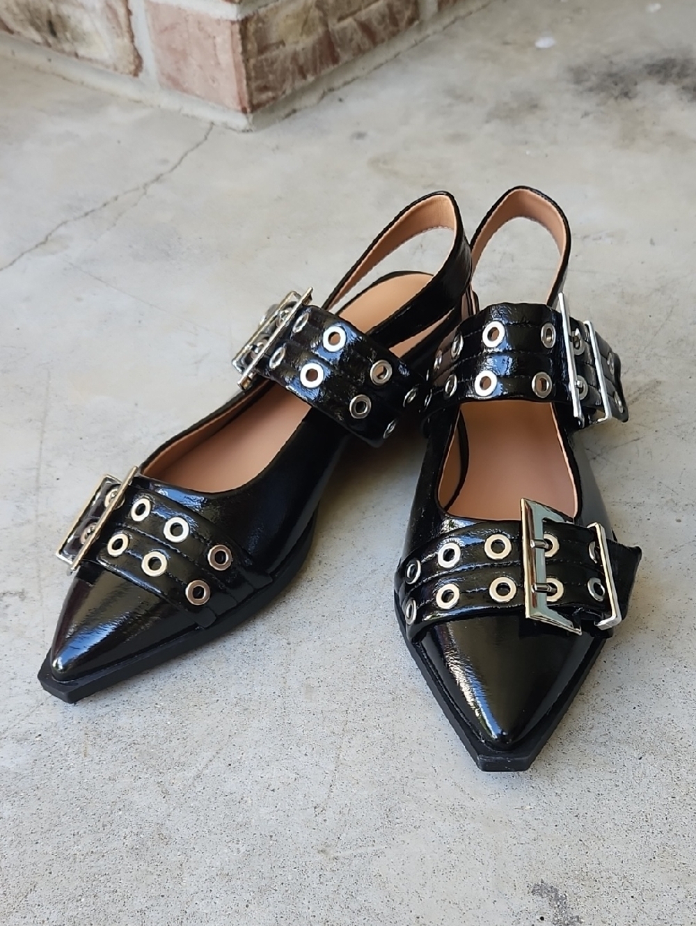 Black Patent Buckle Slingback Flats, Size 8